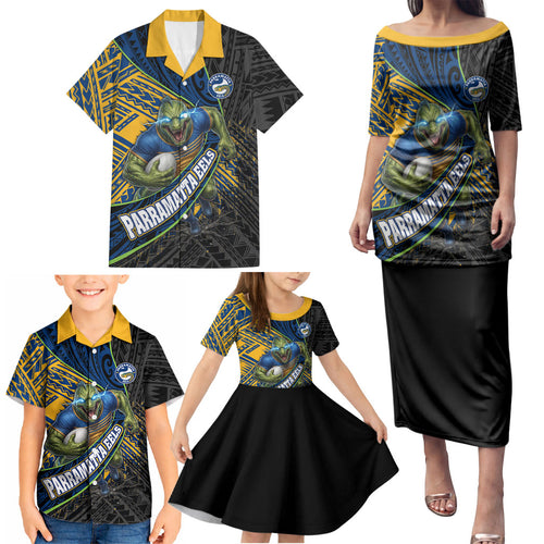 Parramatta Eels Rugby Family Matching Puletasi and Hawaiian Shirt Tribal Polynesian Power Art - Lightning Mascot