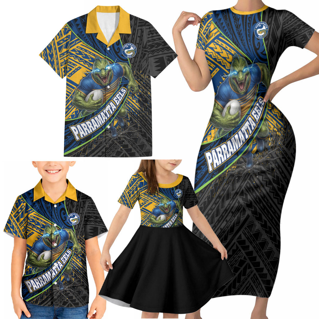 Parramatta Eels Rugby Family Matching Short Sleeve Bodycon Dress and Hawaiian Shirt Tribal Polynesian Power Art - Lightning Mascot