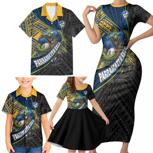 Parramatta Eels Rugby Family Matching Short Sleeve Bodycon Dress and Hawaiian Shirt Tribal Polynesian Power Art - Lightning Mascot