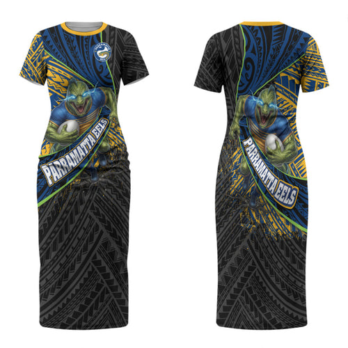 Parramatta Eels Rugby Family Matching Short Sleeve Bodycon Dress and Hawaiian Shirt Tribal Polynesian Power Art - Lightning Mascot