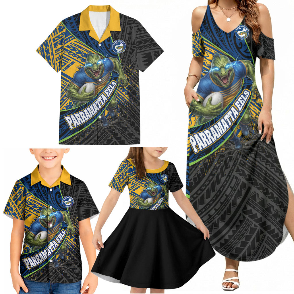 Parramatta Eels Rugby Family Matching Summer Maxi Dress and Hawaiian Shirt Tribal Polynesian Power Art - Lightning Mascot