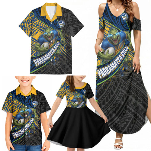 Parramatta Eels Rugby Family Matching Summer Maxi Dress and Hawaiian Shirt Tribal Polynesian Power Art - Lightning Mascot