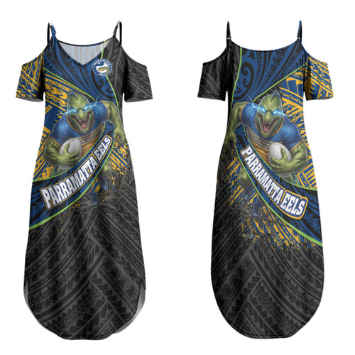 Parramatta Eels Rugby Family Matching Summer Maxi Dress and Hawaiian Shirt Tribal Polynesian Power Art - Lightning Mascot