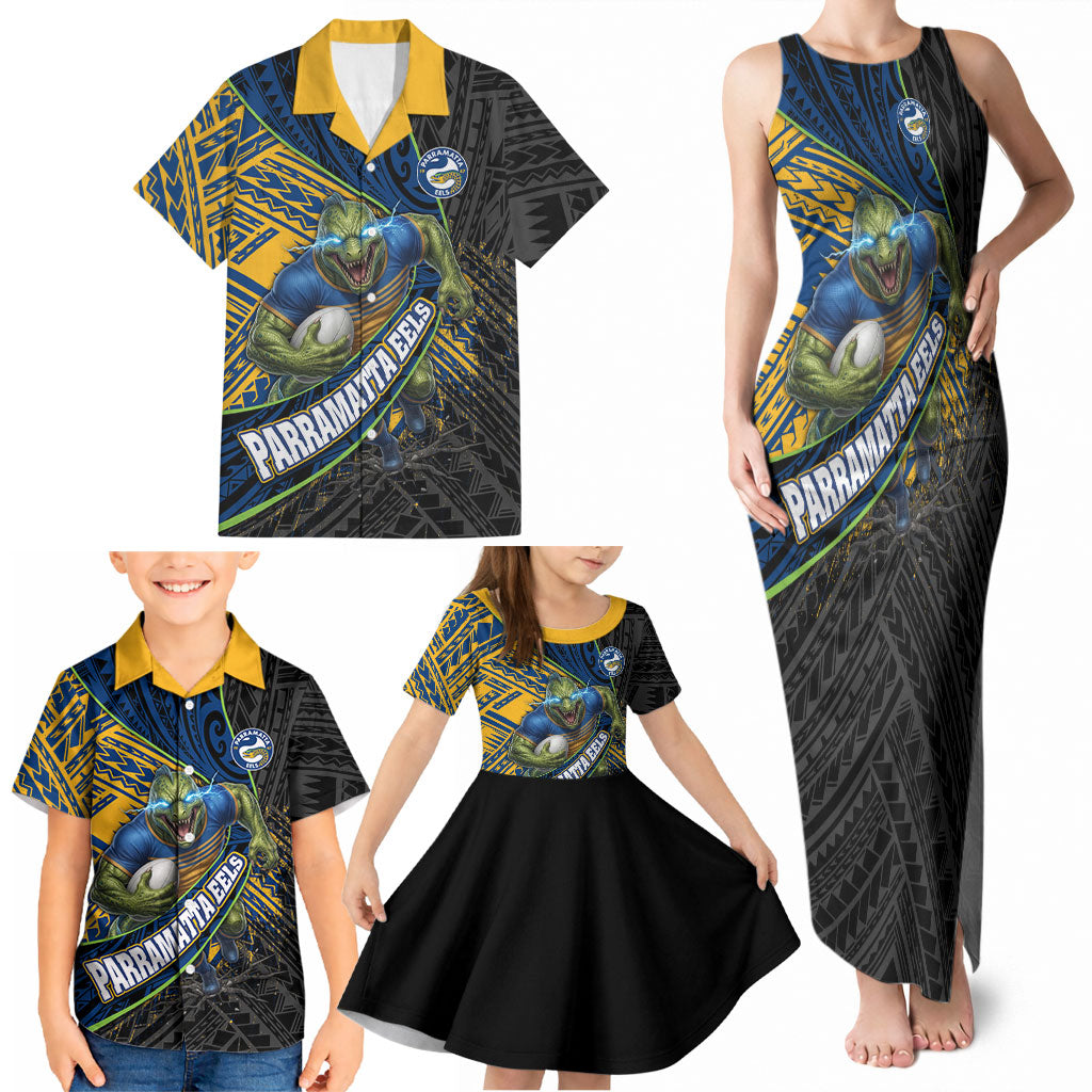 Parramatta Eels Rugby Family Matching Tank Maxi Dress and Hawaiian Shirt Tribal Polynesian Power Art - Lightning Mascot