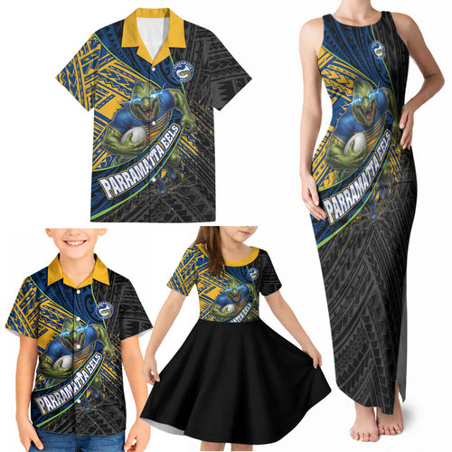 Parramatta Eels Rugby Family Matching Tank Maxi Dress and Hawaiian Shirt Tribal Polynesian Power Art - Lightning Mascot