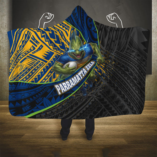 Parramatta Eels Rugby Hooded Blanket Tribal Polynesian Power Art - Lightning Mascot