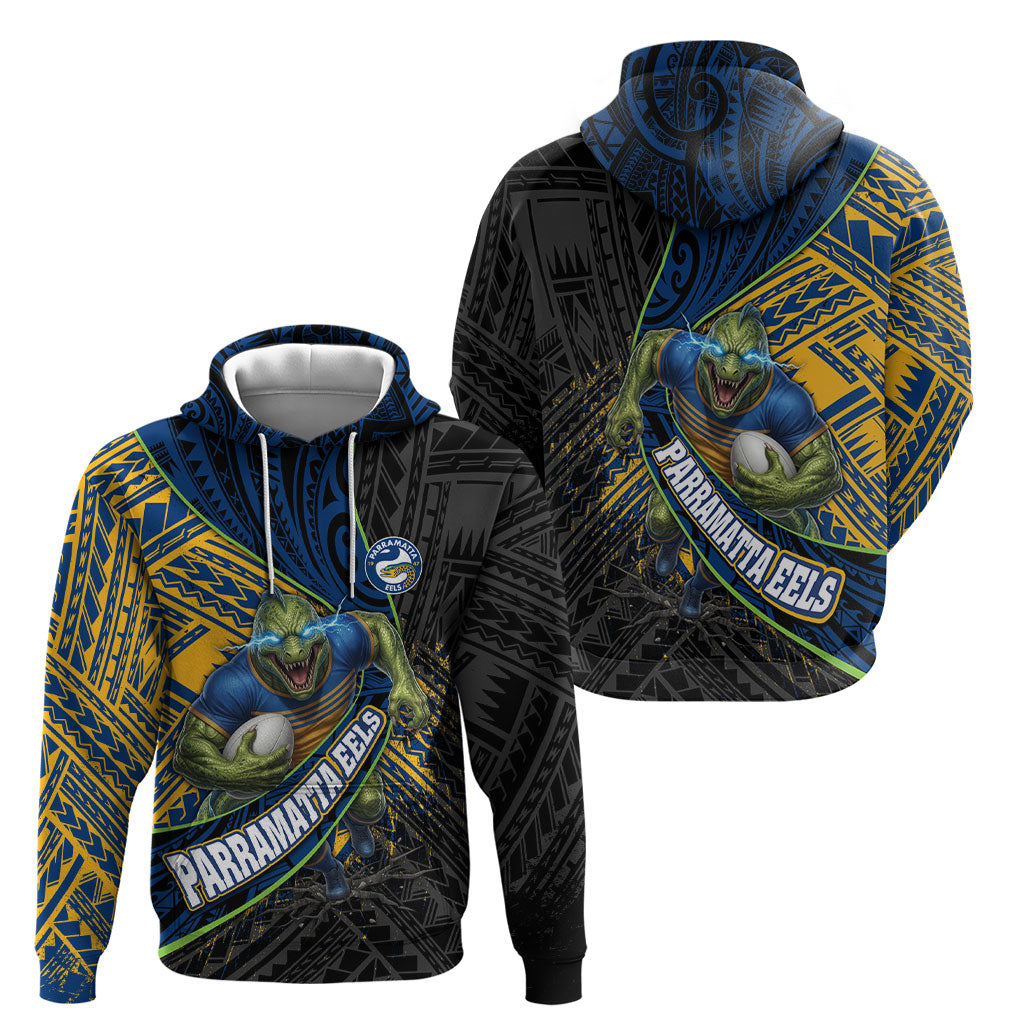Parramatta Eels Rugby Hoodie Tribal Polynesian Power Art - Lightning Mascot