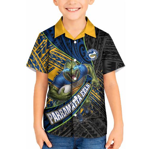 Parramatta Eels Rugby Kid Hawaiian Shirt Tribal Polynesian Power Art - Lightning Mascot