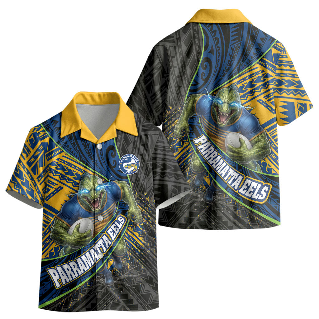 Parramatta Eels Rugby Kid Hawaiian Shirt Tribal Polynesian Power Art - Lightning Mascot
