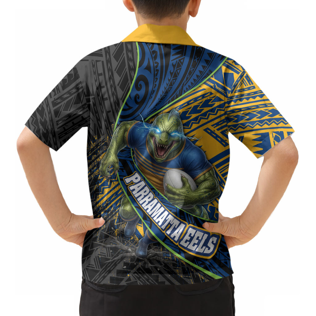 Parramatta Eels Rugby Kid Hawaiian Shirt Tribal Polynesian Power Art - Lightning Mascot