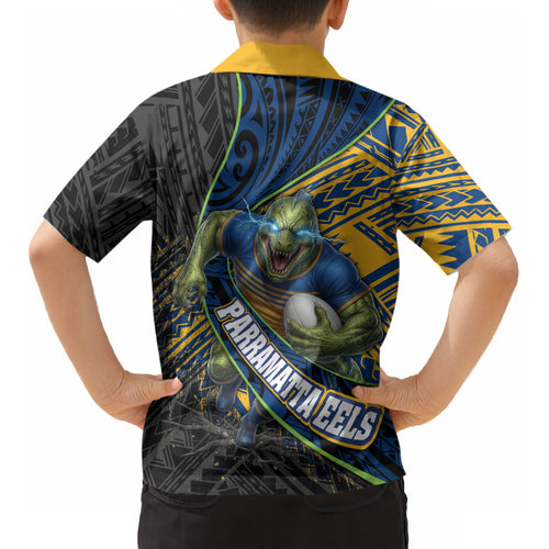 Parramatta Eels Rugby Kid Hawaiian Shirt Tribal Polynesian Power Art - Lightning Mascot