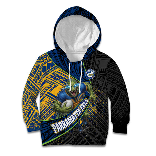 Parramatta Eels Rugby Kid Hoodie Tribal Polynesian Power Art - Lightning Mascot