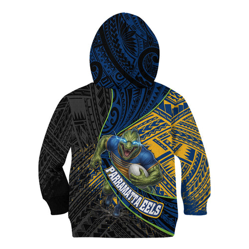 Parramatta Eels Rugby Kid Hoodie Tribal Polynesian Power Art - Lightning Mascot