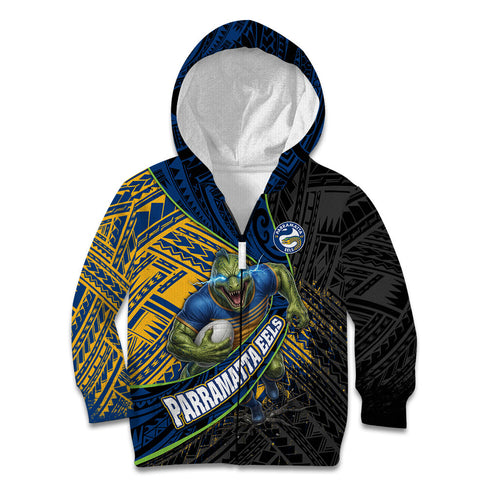 Parramatta Eels Rugby Kid Hoodie Tribal Polynesian Power Art - Lightning Mascot