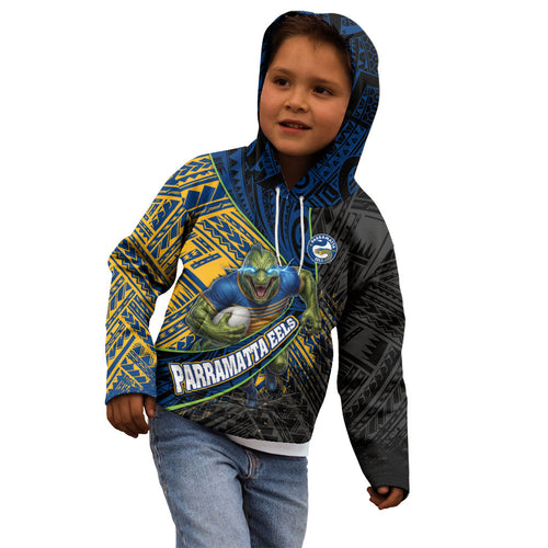 Parramatta Eels Rugby Kid Hoodie Tribal Polynesian Power Art - Lightning Mascot