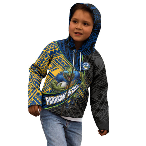 Parramatta Eels Rugby Kid Hoodie Tribal Polynesian Power Art - Lightning Mascot