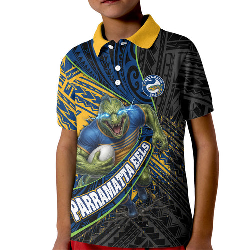 Parramatta Eels Rugby Kid Polo Shirt Tribal Polynesian Power Art - Lightning Mascot