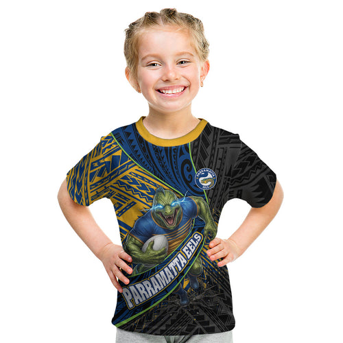 Parramatta Eels Rugby Kid T Shirt Tribal Polynesian Power Art - Lightning Mascot