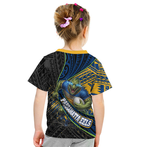 Parramatta Eels Rugby Kid T Shirt Tribal Polynesian Power Art - Lightning Mascot