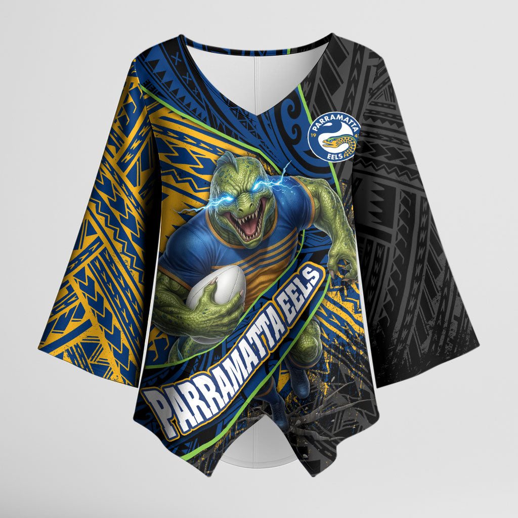 Parramatta Eels Rugby Kimono Sleeve Blouse Tribal Polynesian Power Art - Lightning Mascot