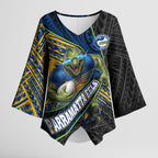 Parramatta Eels Rugby Kimono Sleeve Blouse Tribal Polynesian Power Art - Lightning Mascot