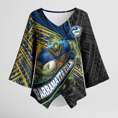 Parramatta Eels Rugby Kimono Sleeve Blouse Tribal Polynesian Power Art - Lightning Mascot