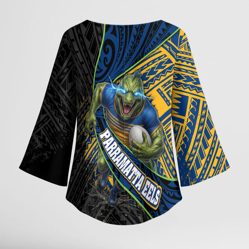 Parramatta Eels Rugby Kimono Sleeve Blouse Tribal Polynesian Power Art - Lightning Mascot