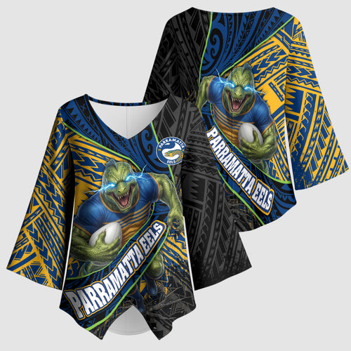 Parramatta Eels Rugby Kimono Sleeve Blouse Tribal Polynesian Power Art - Lightning Mascot