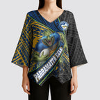 Parramatta Eels Rugby Kimono Sleeve Blouse Tribal Polynesian Power Art - Lightning Mascot