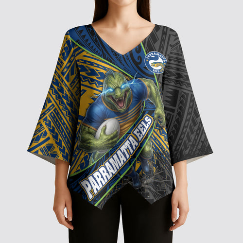 Parramatta Eels Rugby Kimono Sleeve Blouse Tribal Polynesian Power Art - Lightning Mascot