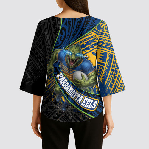 Parramatta Eels Rugby Kimono Sleeve Blouse Tribal Polynesian Power Art - Lightning Mascot