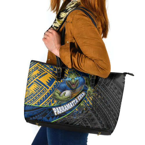 Parramatta Eels Rugby Leather Tote Bag Tribal Polynesian Power Art - Lightning Mascot