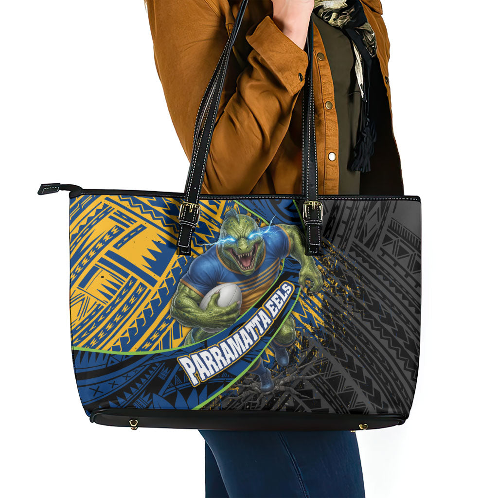 Parramatta Eels Rugby Leather Tote Bag Tribal Polynesian Power Art - Lightning Mascot
