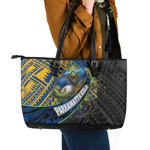 Parramatta Eels Rugby Leather Tote Bag Tribal Polynesian Power Art - Lightning Mascot