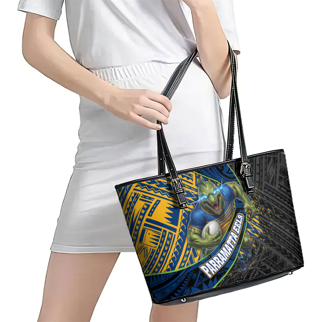 Parramatta Eels Rugby Leather Tote Bag Tribal Polynesian Power Art - Lightning Mascot