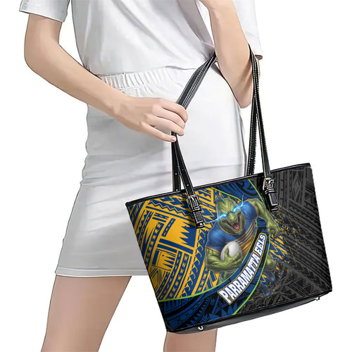 Parramatta Eels Rugby Leather Tote Bag Tribal Polynesian Power Art - Lightning Mascot