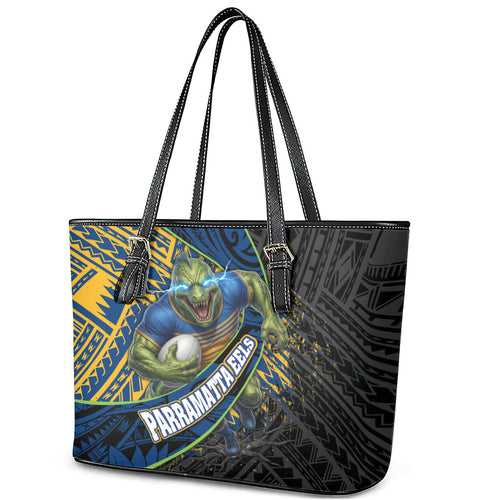 Parramatta Eels Rugby Leather Tote Bag Tribal Polynesian Power Art - Lightning Mascot