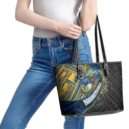 Parramatta Eels Rugby Leather Tote Bag Tribal Polynesian Power Art - Lightning Mascot