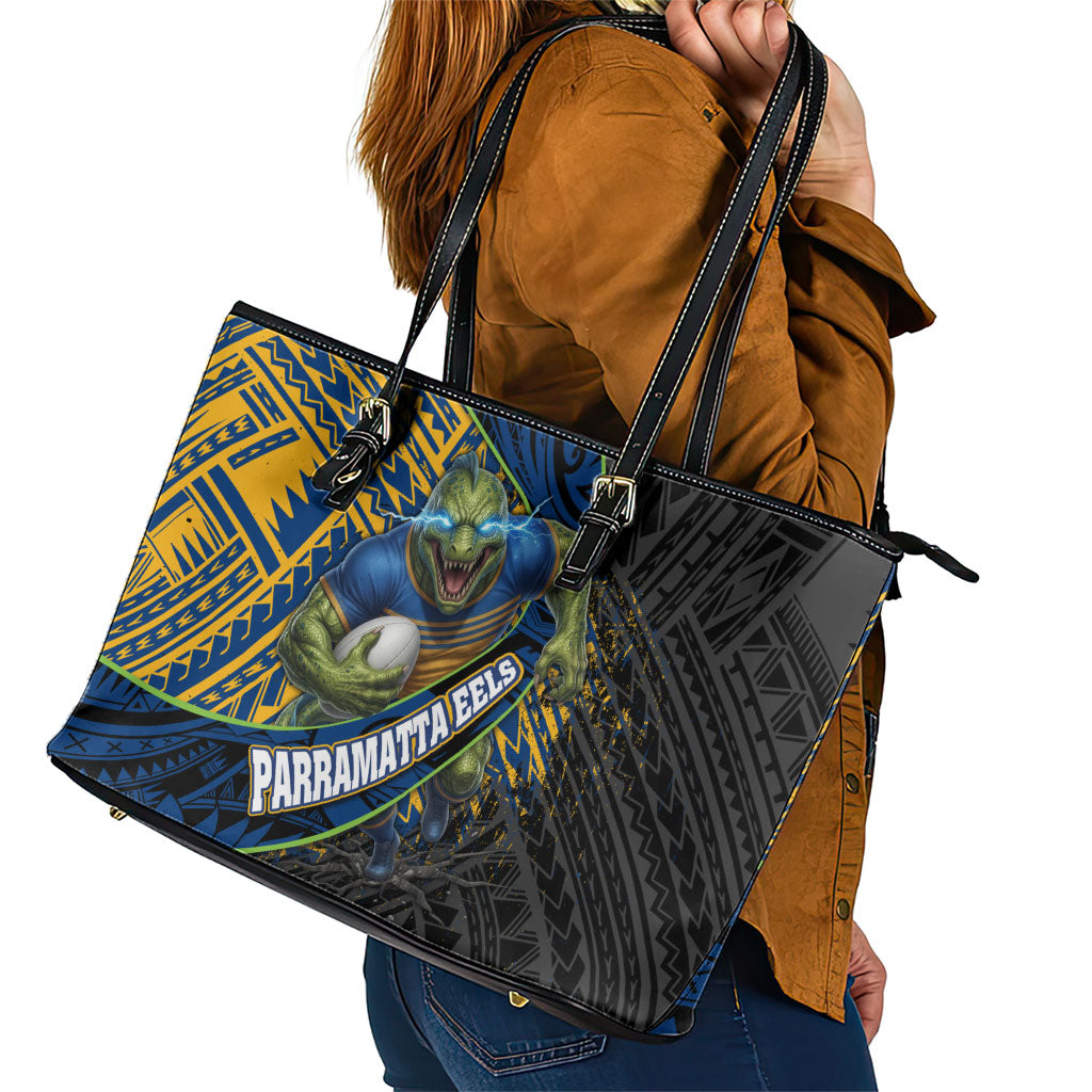 Parramatta Eels Rugby Leather Tote Bag Tribal Polynesian Power Art - Lightning Mascot