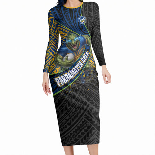 Parramatta Eels Rugby Long Sleeve Bodycon Dress Tribal Polynesian Power Art - Lightning Mascot