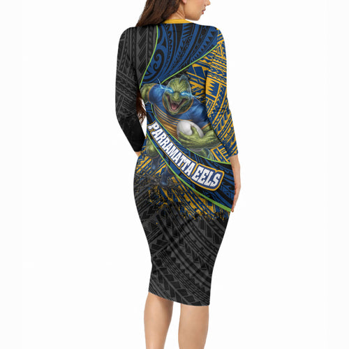 Parramatta Eels Rugby Long Sleeve Bodycon Dress Tribal Polynesian Power Art - Lightning Mascot