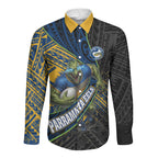 Parramatta Eels Rugby Long Sleeve Button Shirt Tribal Polynesian Power Art - Lightning Mascot