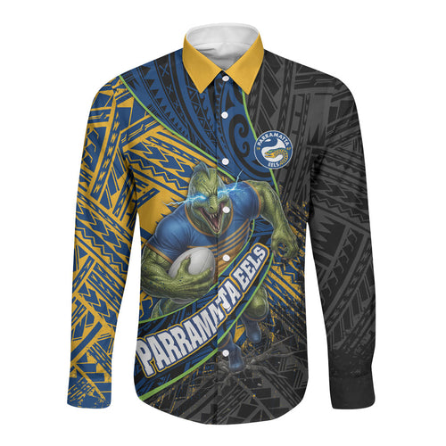 Parramatta Eels Rugby Long Sleeve Button Shirt Tribal Polynesian Power Art - Lightning Mascot