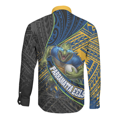 Parramatta Eels Rugby Long Sleeve Button Shirt Tribal Polynesian Power Art - Lightning Mascot