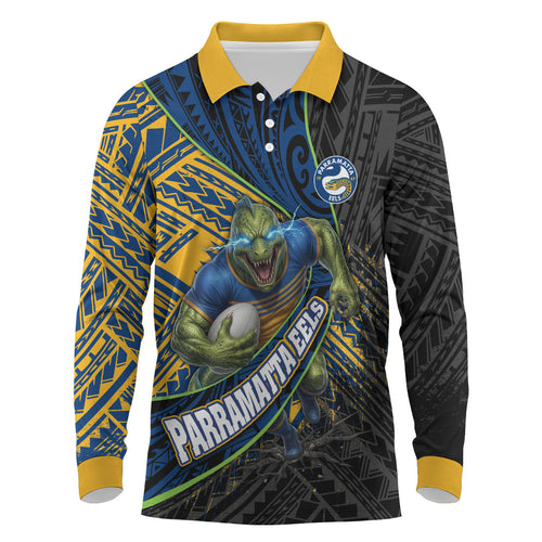 Parramatta Eels Rugby Long Sleeve Polo Shirt Tribal Polynesian Power Art - Lightning Mascot