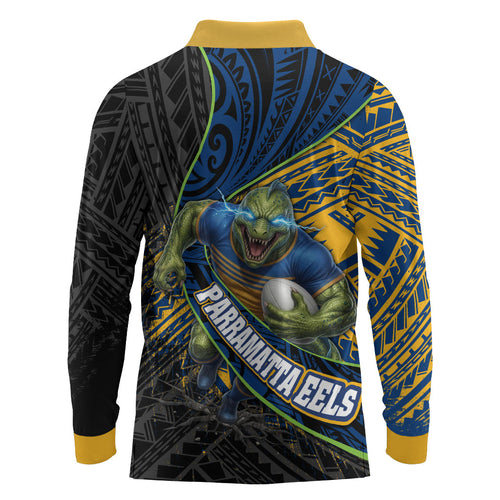 Parramatta Eels Rugby Long Sleeve Polo Shirt Tribal Polynesian Power Art - Lightning Mascot
