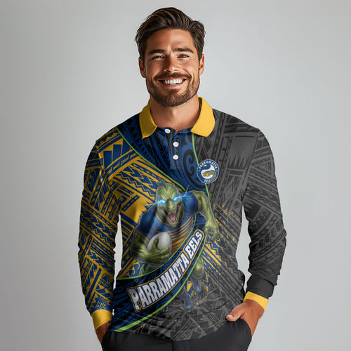 Parramatta Eels Rugby Long Sleeve Polo Shirt Tribal Polynesian Power Art - Lightning Mascot