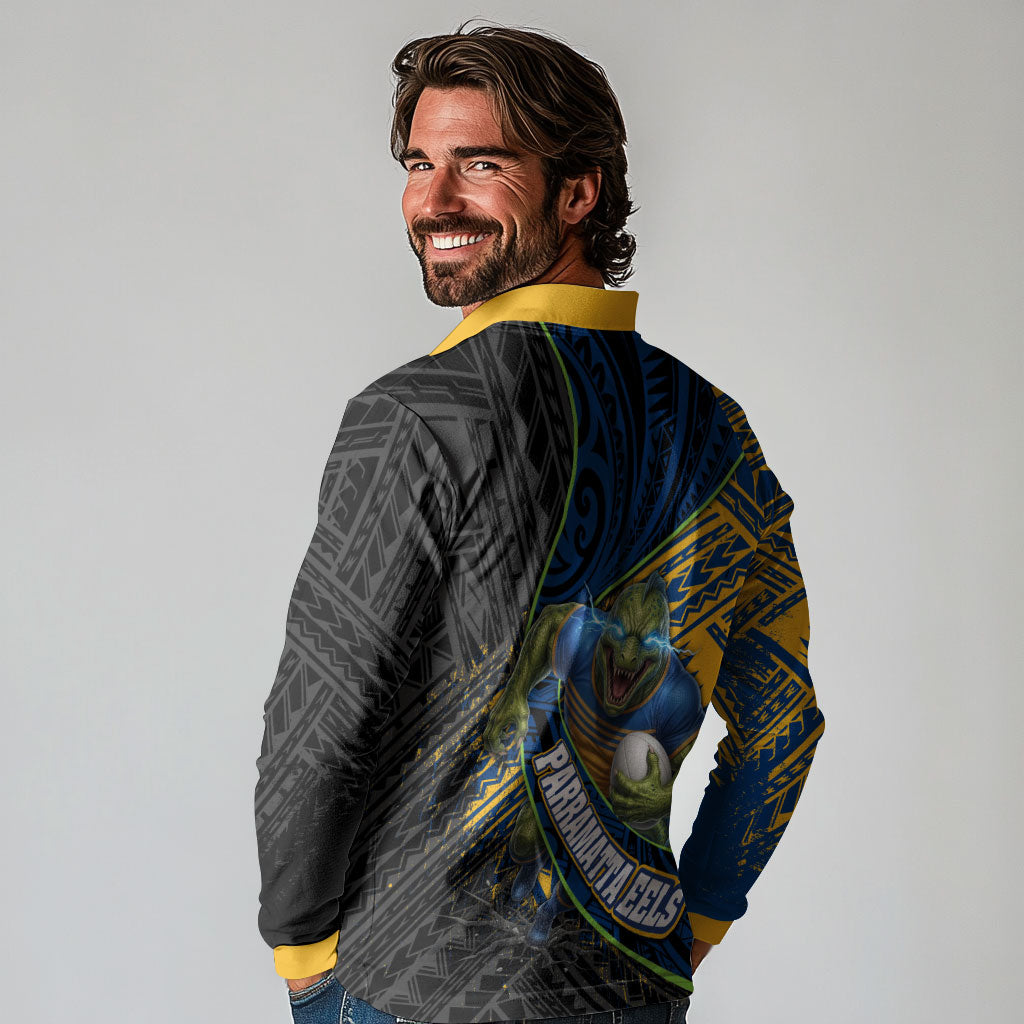 Parramatta Eels Rugby Long Sleeve Polo Shirt Tribal Polynesian Power Art - Lightning Mascot