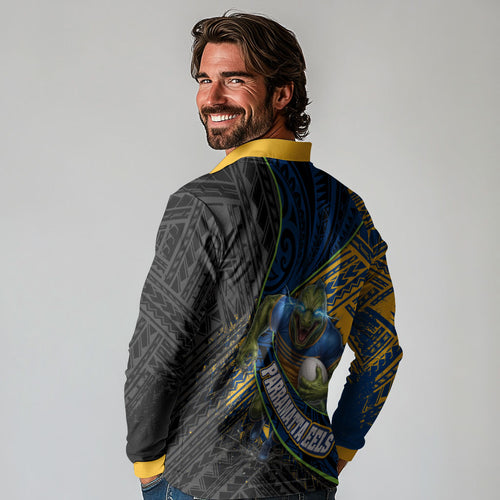 Parramatta Eels Rugby Long Sleeve Polo Shirt Tribal Polynesian Power Art - Lightning Mascot