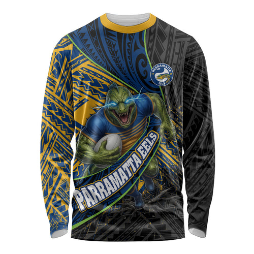 Parramatta Eels Rugby Long Sleeve Shirt Tribal Polynesian Power Art - Lightning Mascot